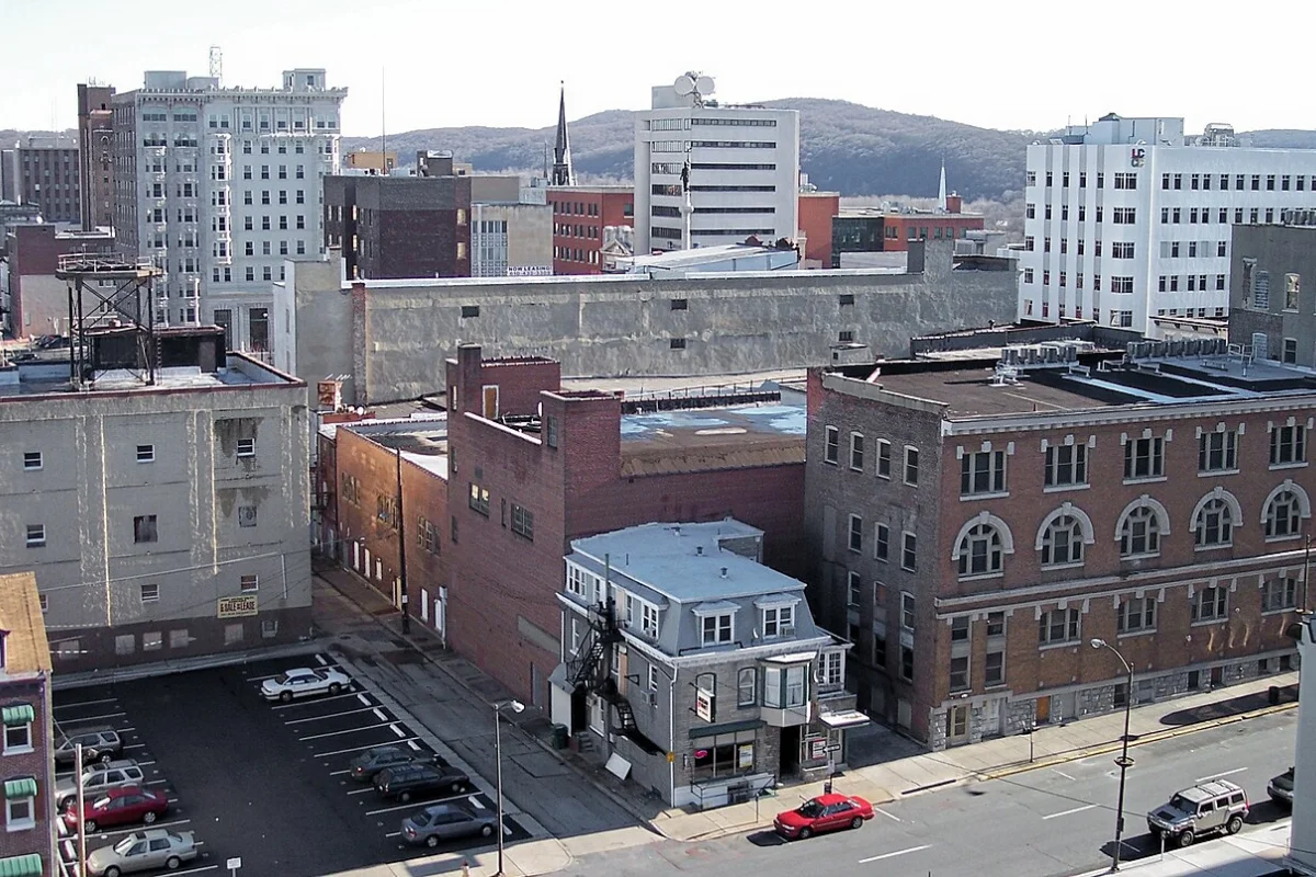 Historic Hamilton Street commercial buildings and streetscape in downtown Allentown, Pennsylvania