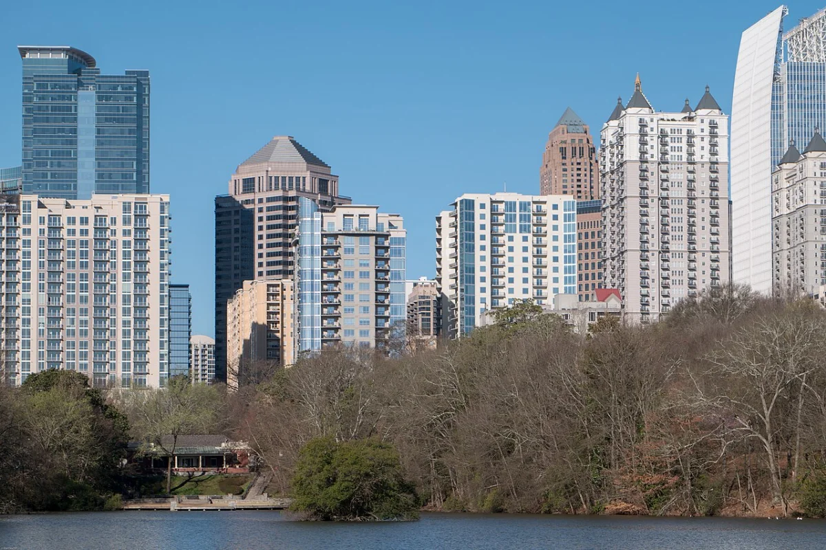 Midtown Atlanta skyline viewed across Lake Clara Meer at Piedmont Park in Georgia