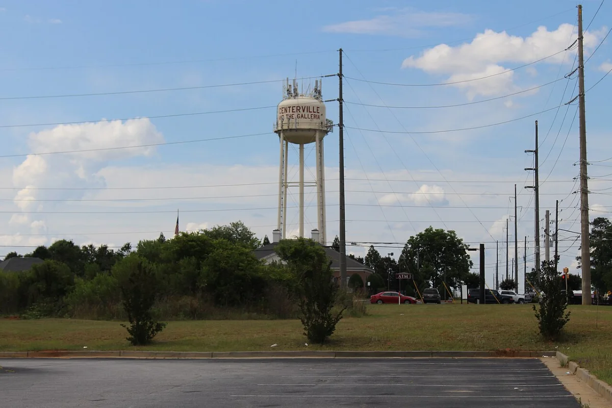Centerville municipal water tower and community streetscape in Houston County, Georgia