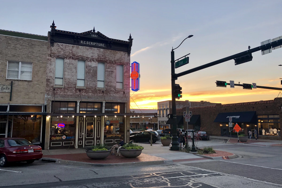 Historic hometown main street with diverse local business storefronts