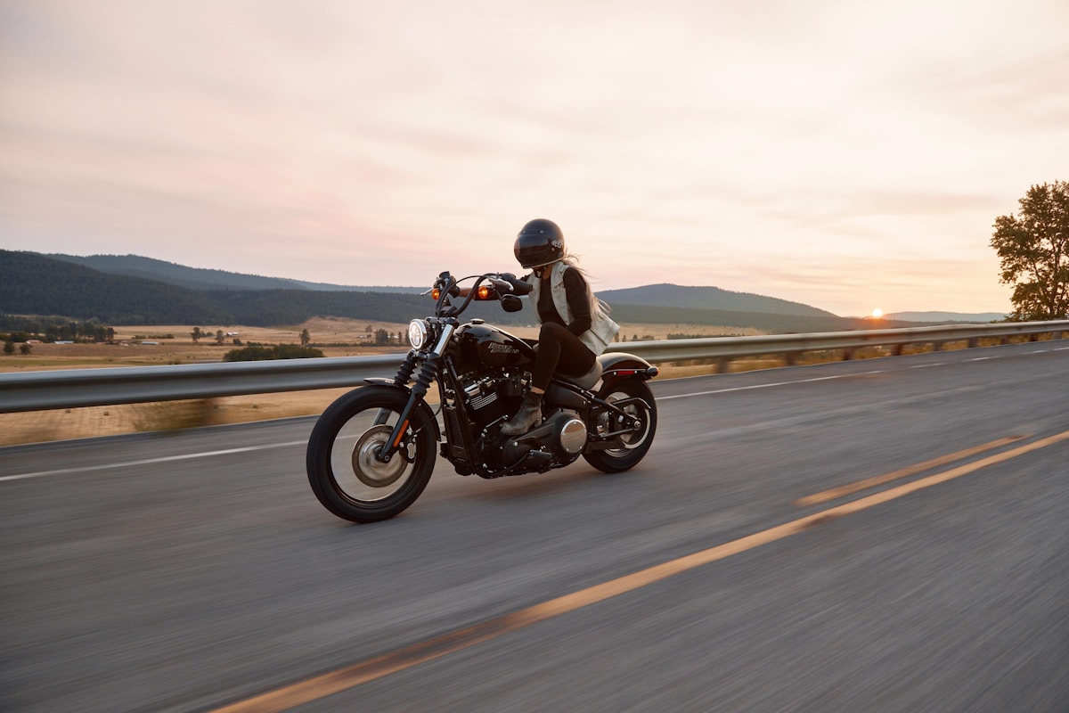 Touring cruiser motorcycle parked on scenic mountain roadway