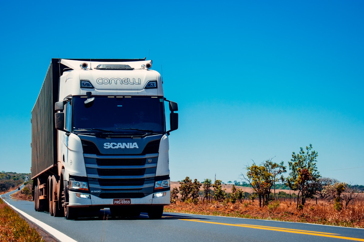 Commercial freight transport semi-truck traveling on open interstate highway